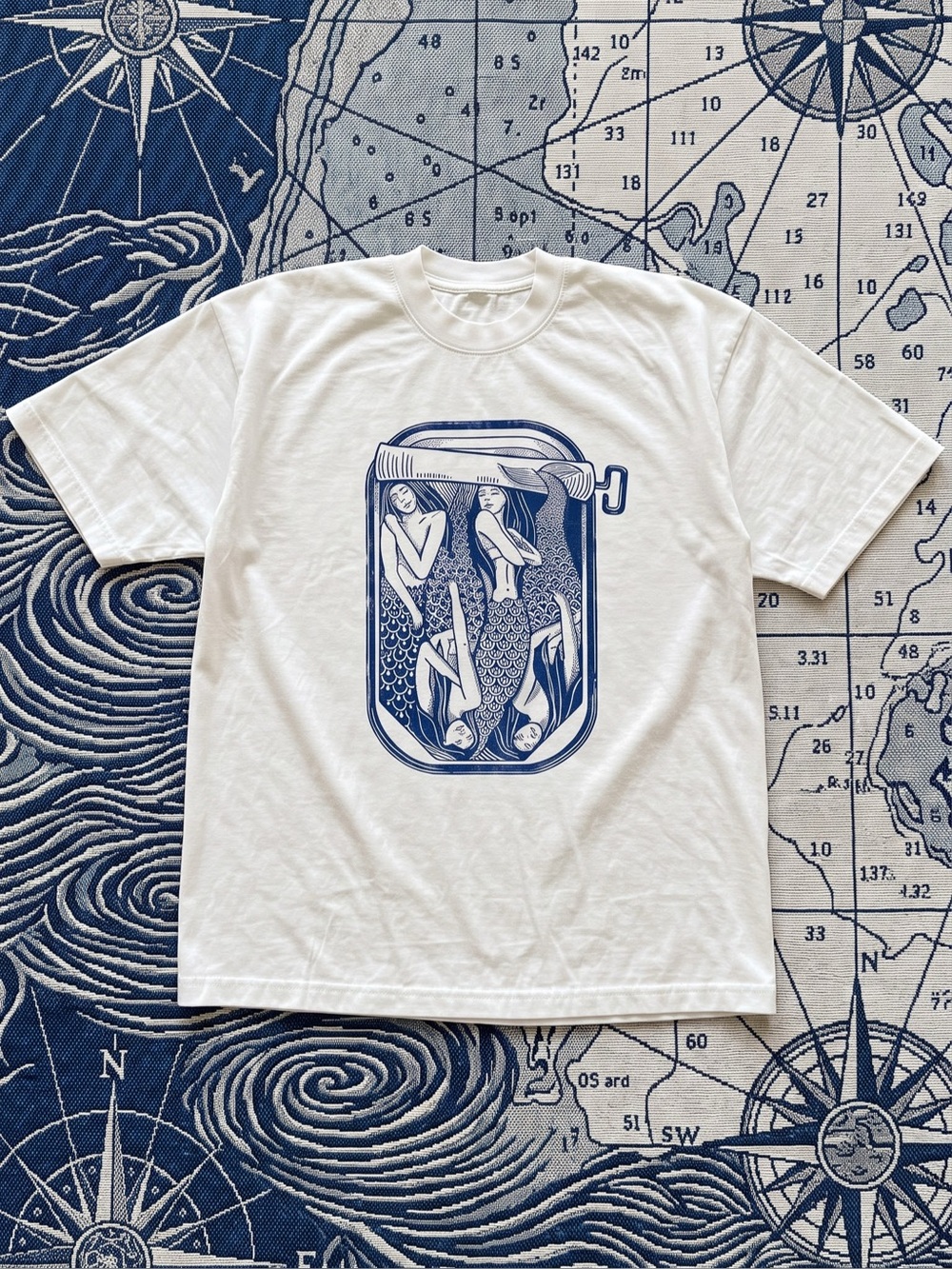 Quirky Mermaids In Sardine Tin Can Linocut
Art White Graphic T-Shirt